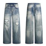 Retro Bleached Ripped Loose Fit Wide Leg Jeans