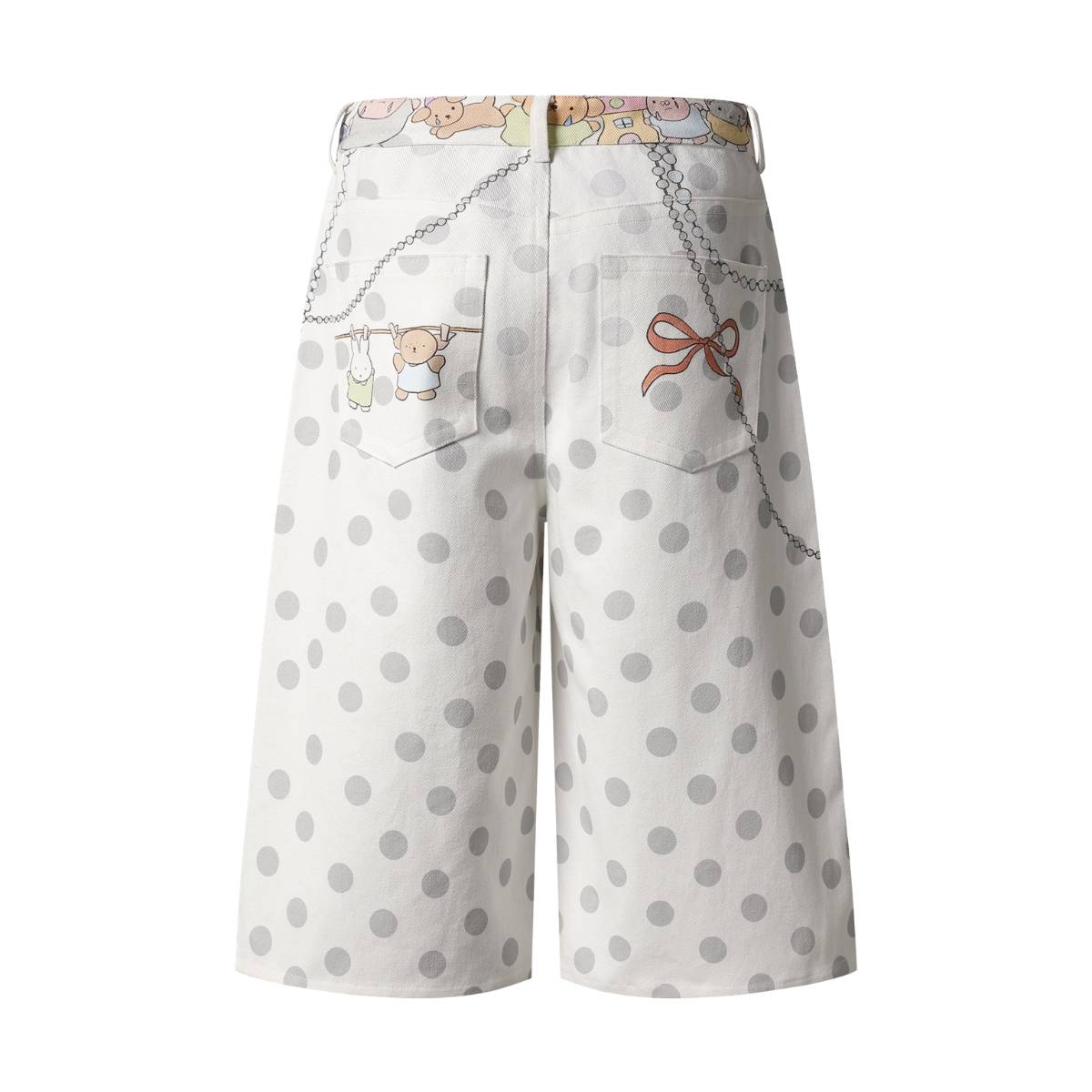 Washed Rabbit Print Polka Dot Bow Detail Relaxed Wide-Leg Bermuda Shorts