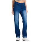 High Waisted Tummy Control Rolled Hem Straight Leg Washed Casual Jeans