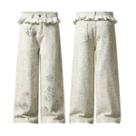 Leopard Print Polka Dot Ruffle Waist Rhinestone Graffiti Wide-Leg Jeans