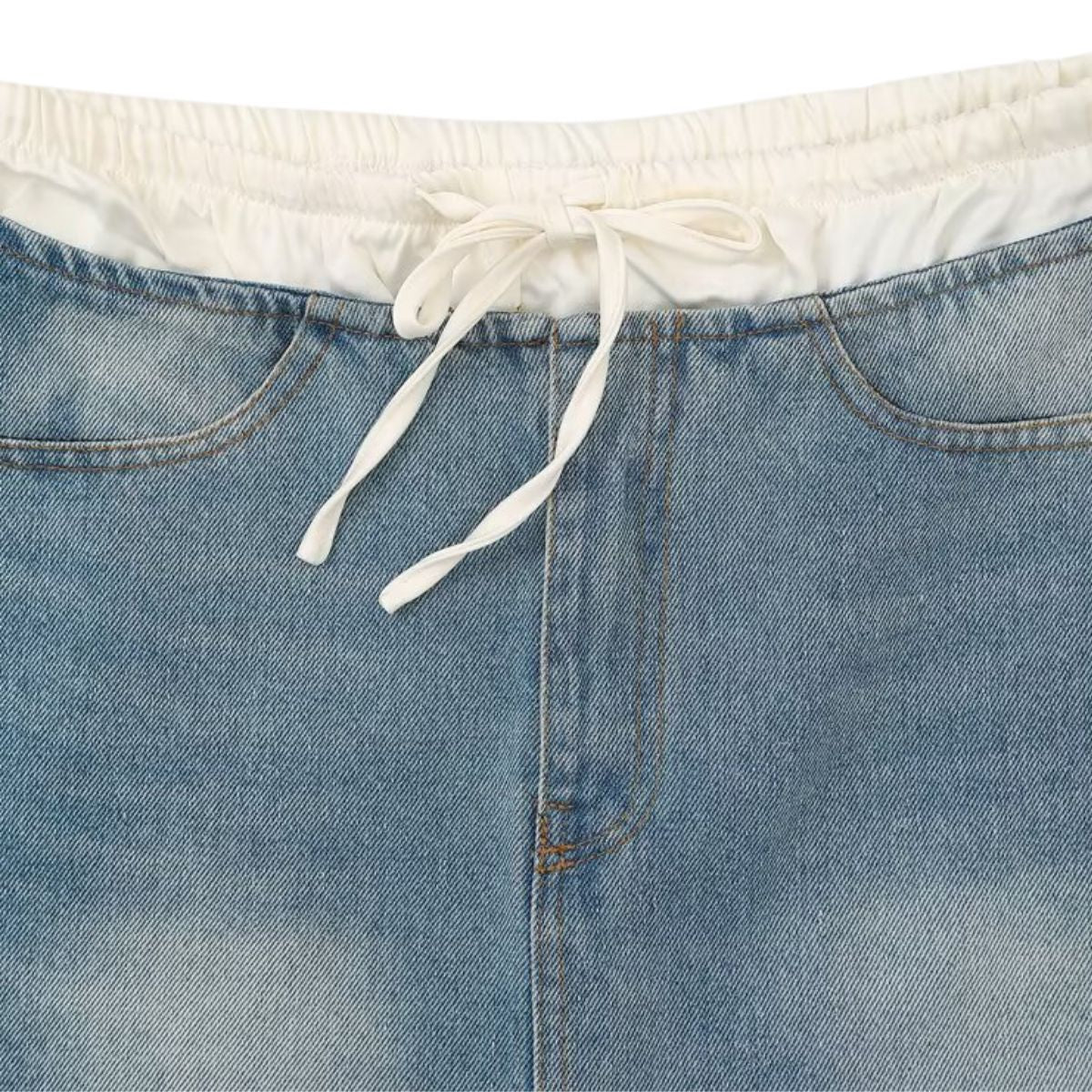 Double Waistband Washed Denim Mini Skirt