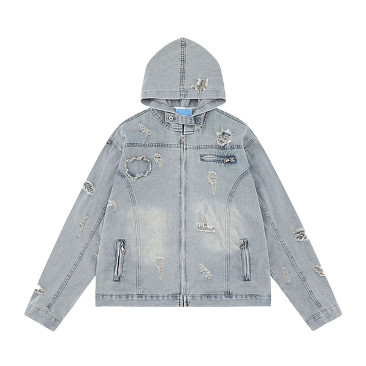 Unisex Retro Distressed Ripped Washed Denim Jacket with Hood