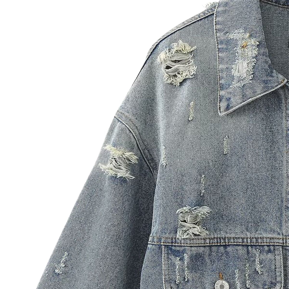Asymmetrical Hem Cropped Ripped Denim Jacket