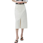 White High-Rise Denim Midi Skirt