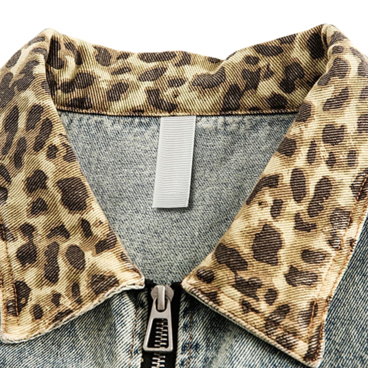 Vintage Streetwear Leopard Print Patchwork Washed Denim Jacket