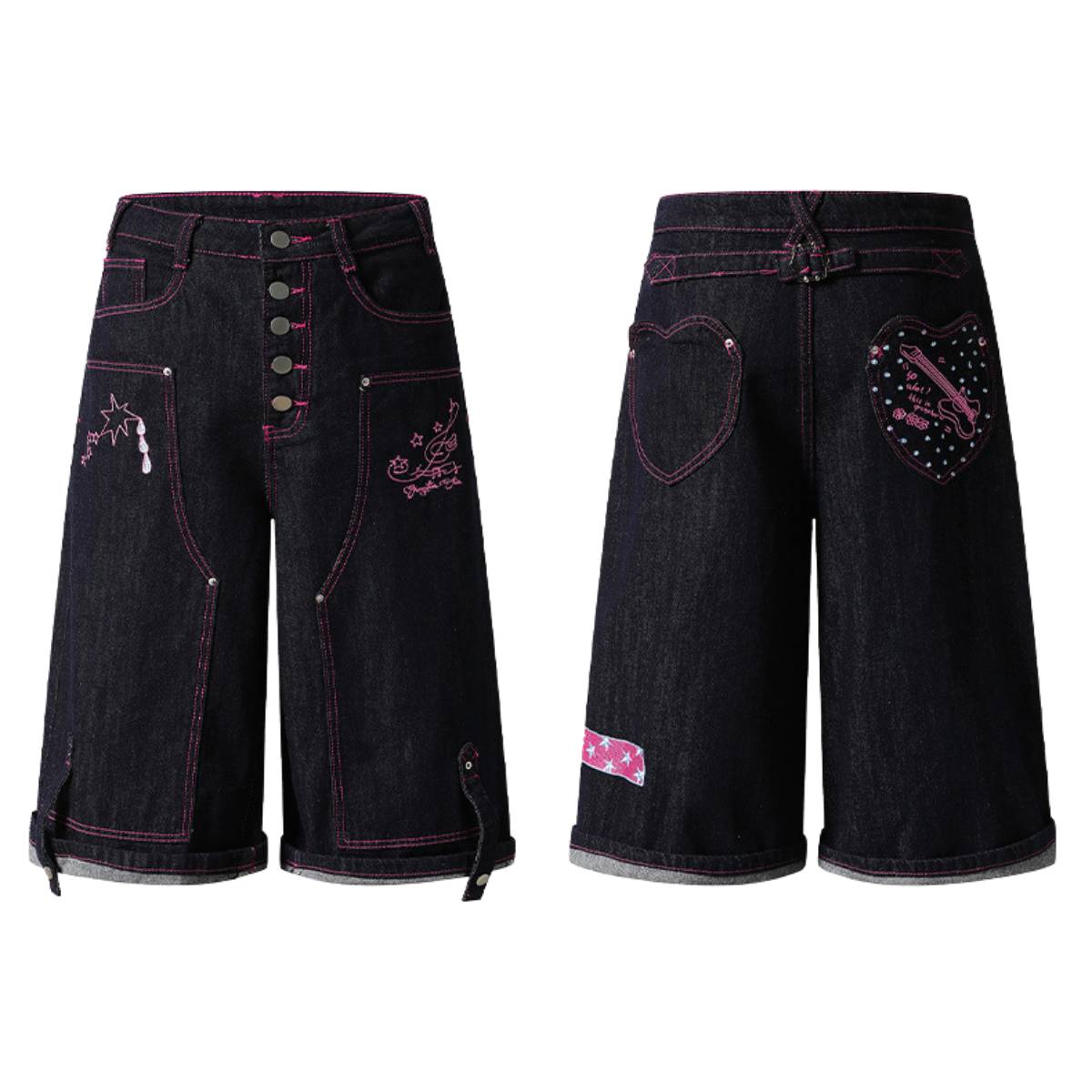 Washed Contrast Star Heart Embroidered Button Wide-Leg Bermuda Shorts
