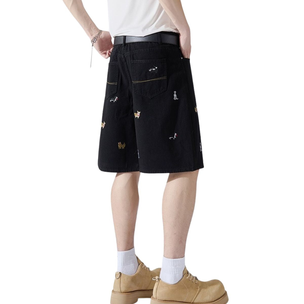Dog Embroidery Loose Fit Denim Shorts