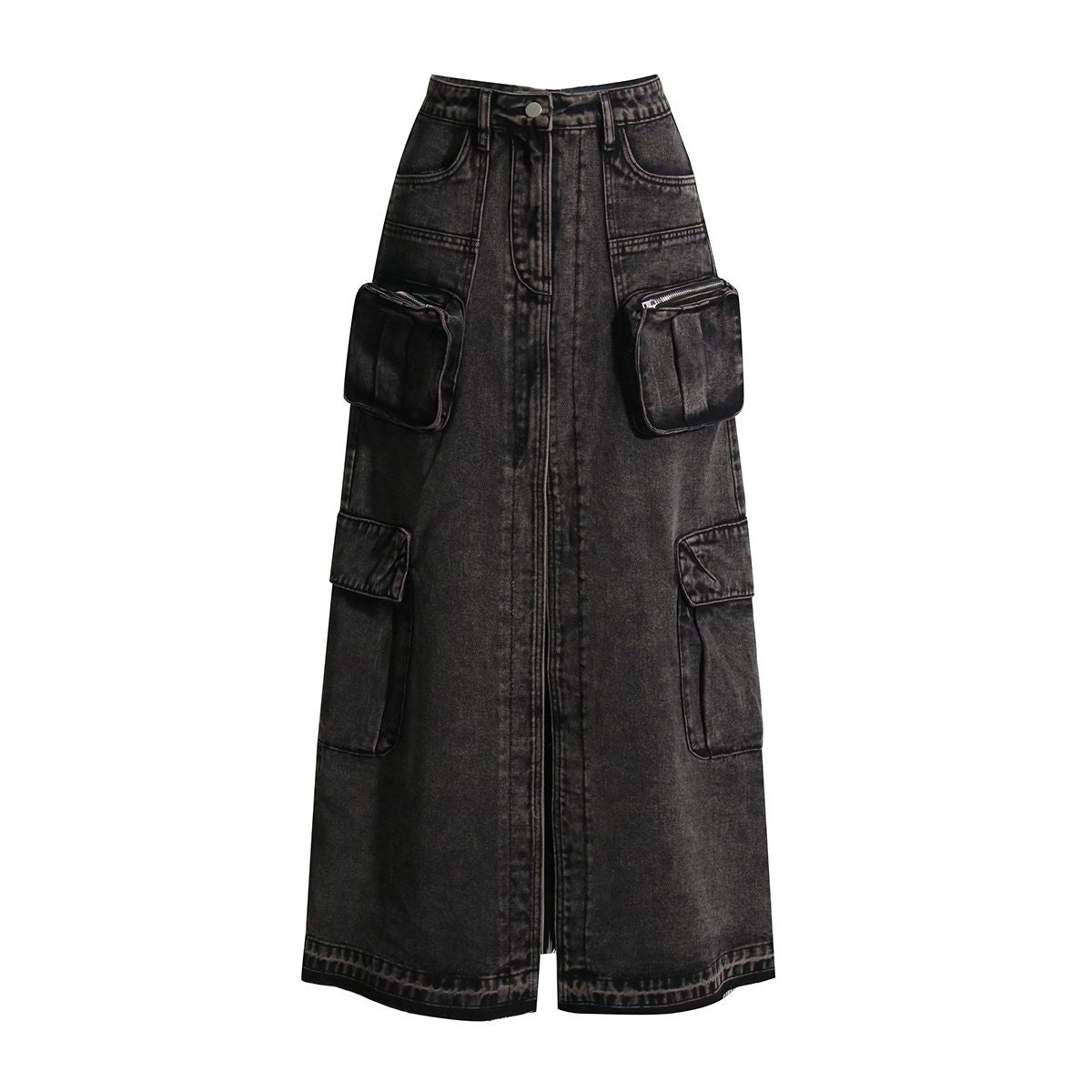 Raw Hem Cargo Denim Midi Skirt