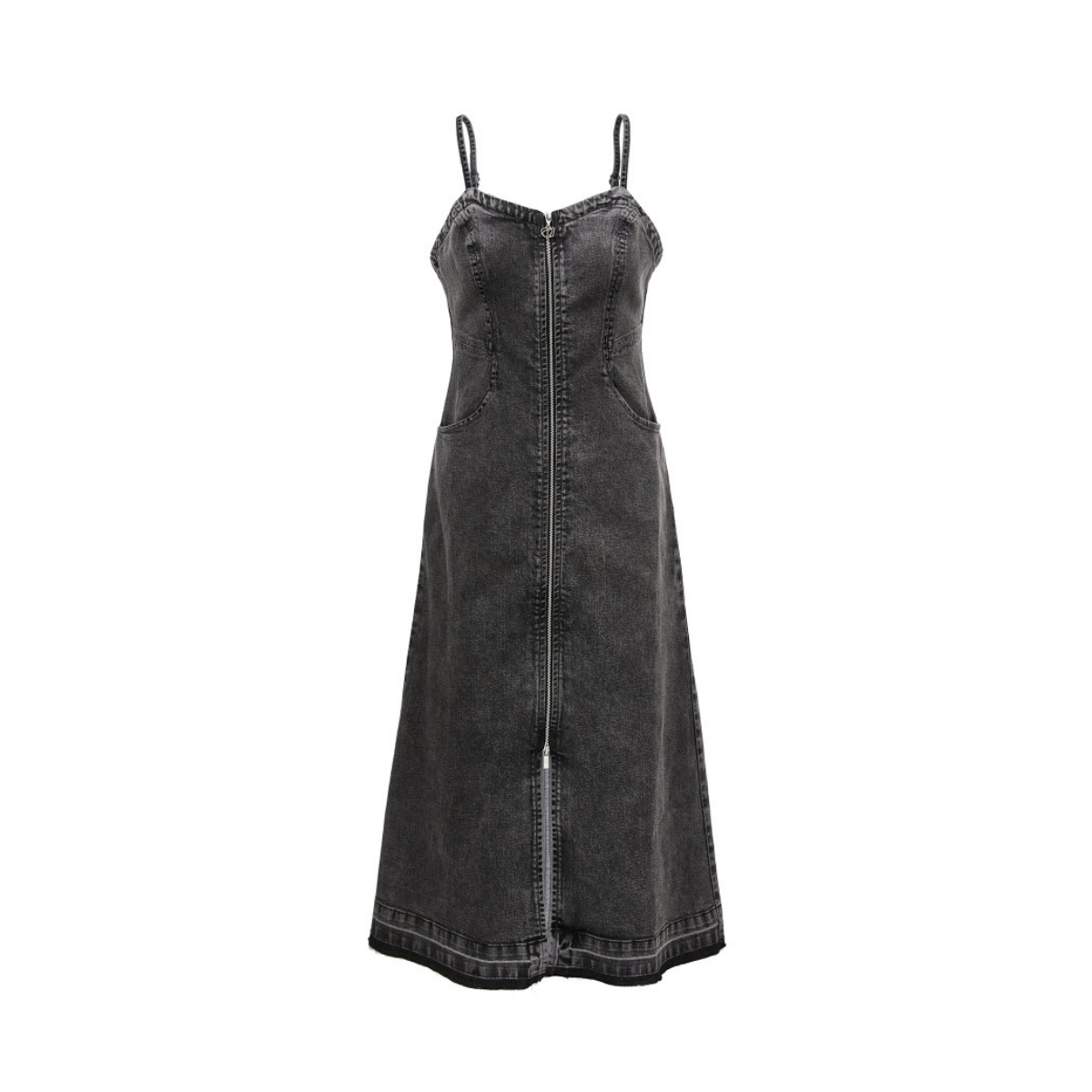 Zip-Front Spaghetti Strap Denim Midi Dress