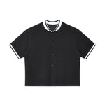 Short Sleeve Button‑Up Striped Baseball Cardigan