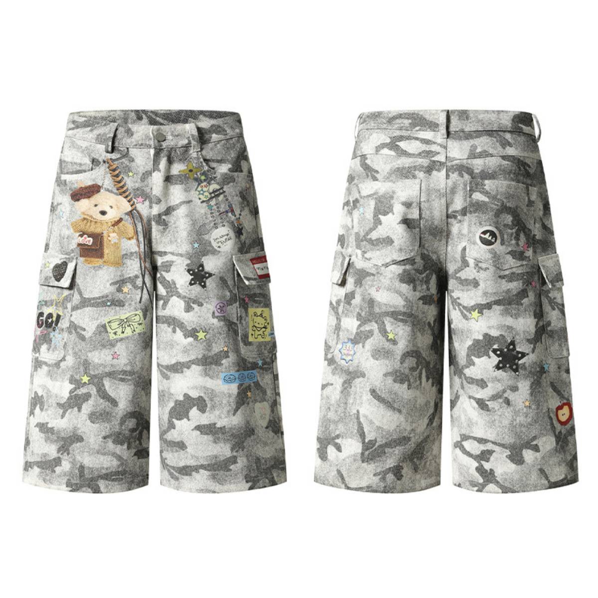 Bermudas de mezclilla desgastada con estampado de salpicaduras