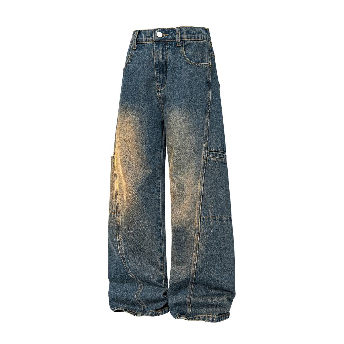 Faded Distressed Pleat Panel Oversized Loose Flared Jeans
