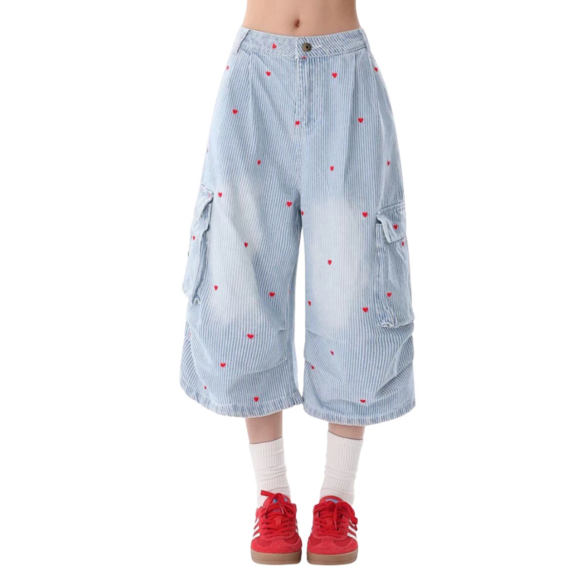 Heart Embroidery Striped Cargo Denim Capri Shorts