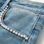 Risen Jeans Rose Embroidered Lace-Cut Jeans with Pearl Beading