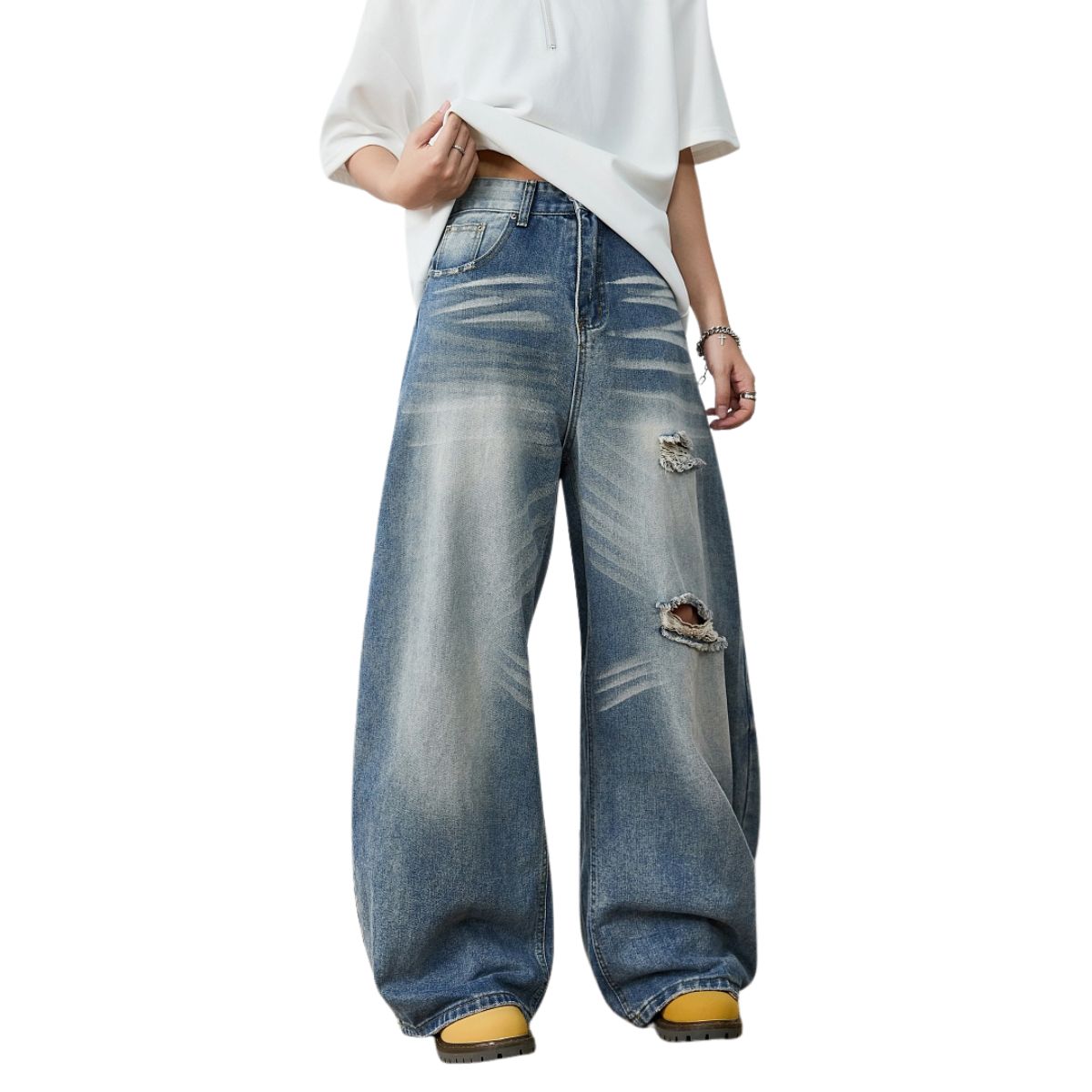Distressed Curved Leg Wide Fit Denim Jeans