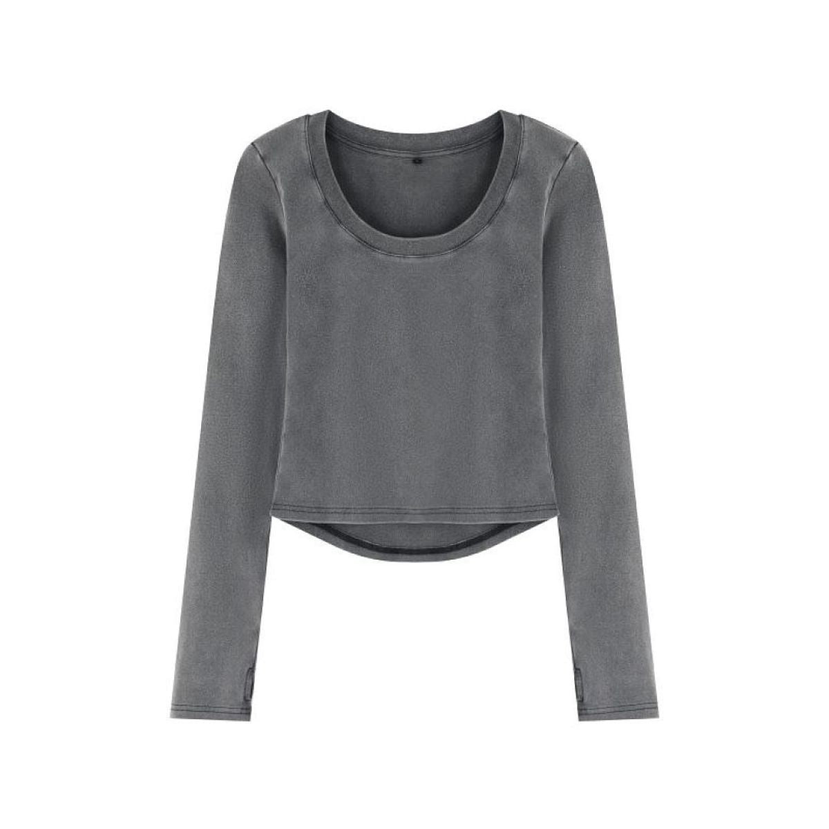 Women's Cotton Snow Wash U Neck Long Sleeve Cropped T-Shirt