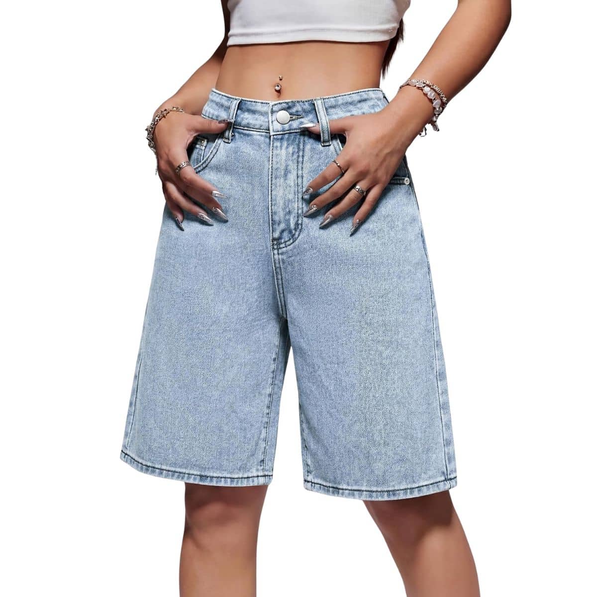 Women's Low Rise Long Bermuda Denim Shorts