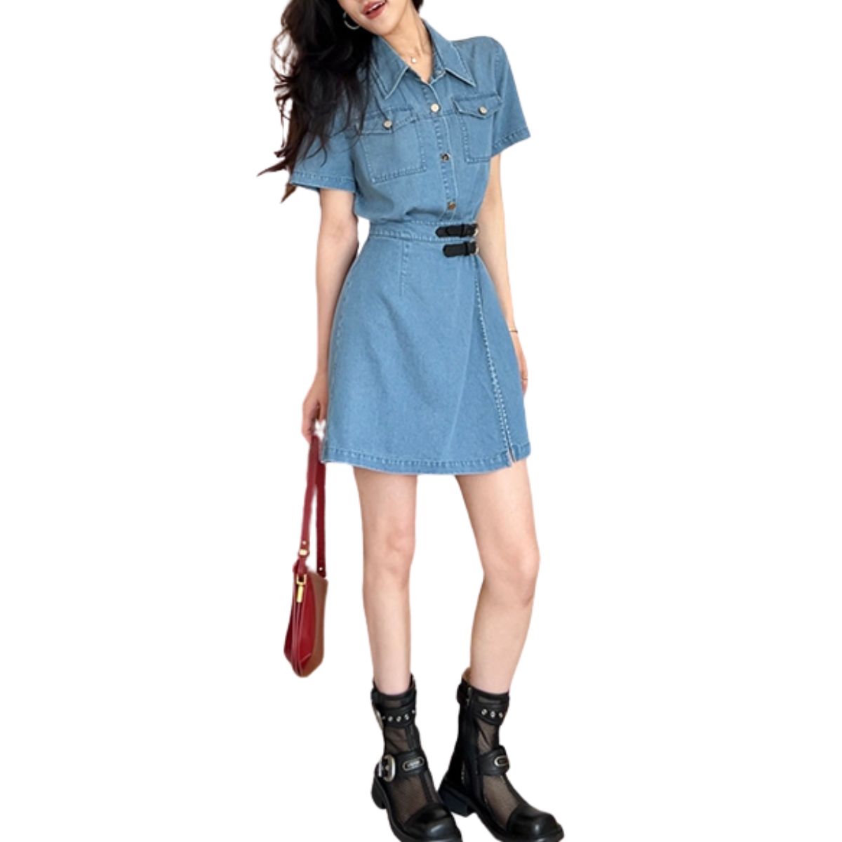 Short-Sleeve Denim Mini Shirtdress