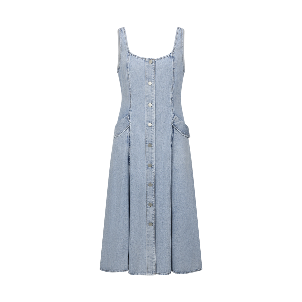 Light Wash Button Front Denim Midi Dress
