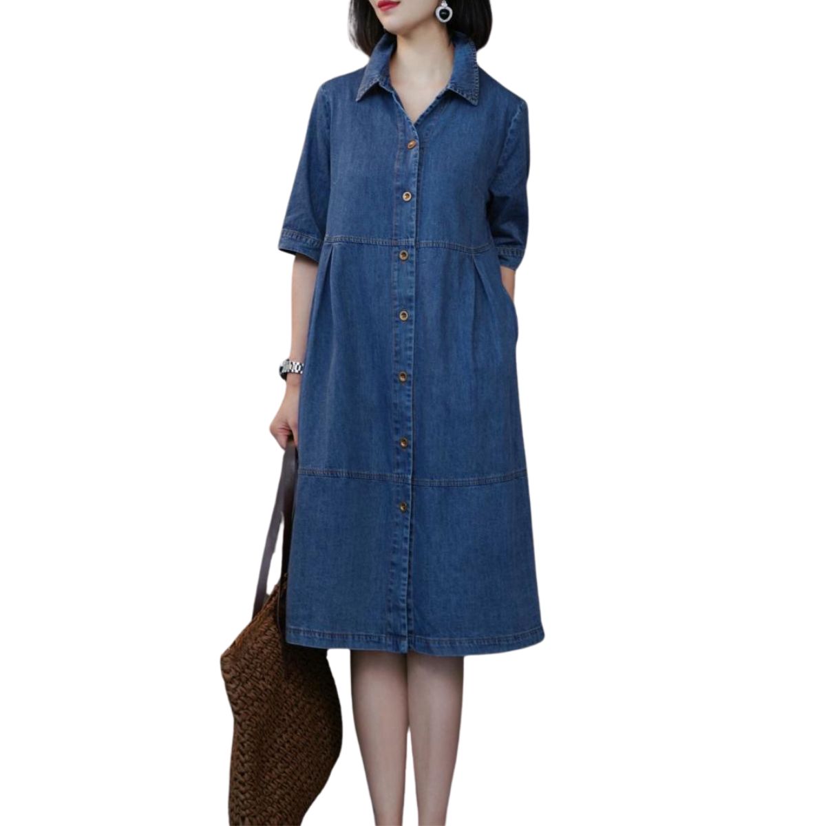 Elbow-Length Sleeve Oversized Denim Midi Dress