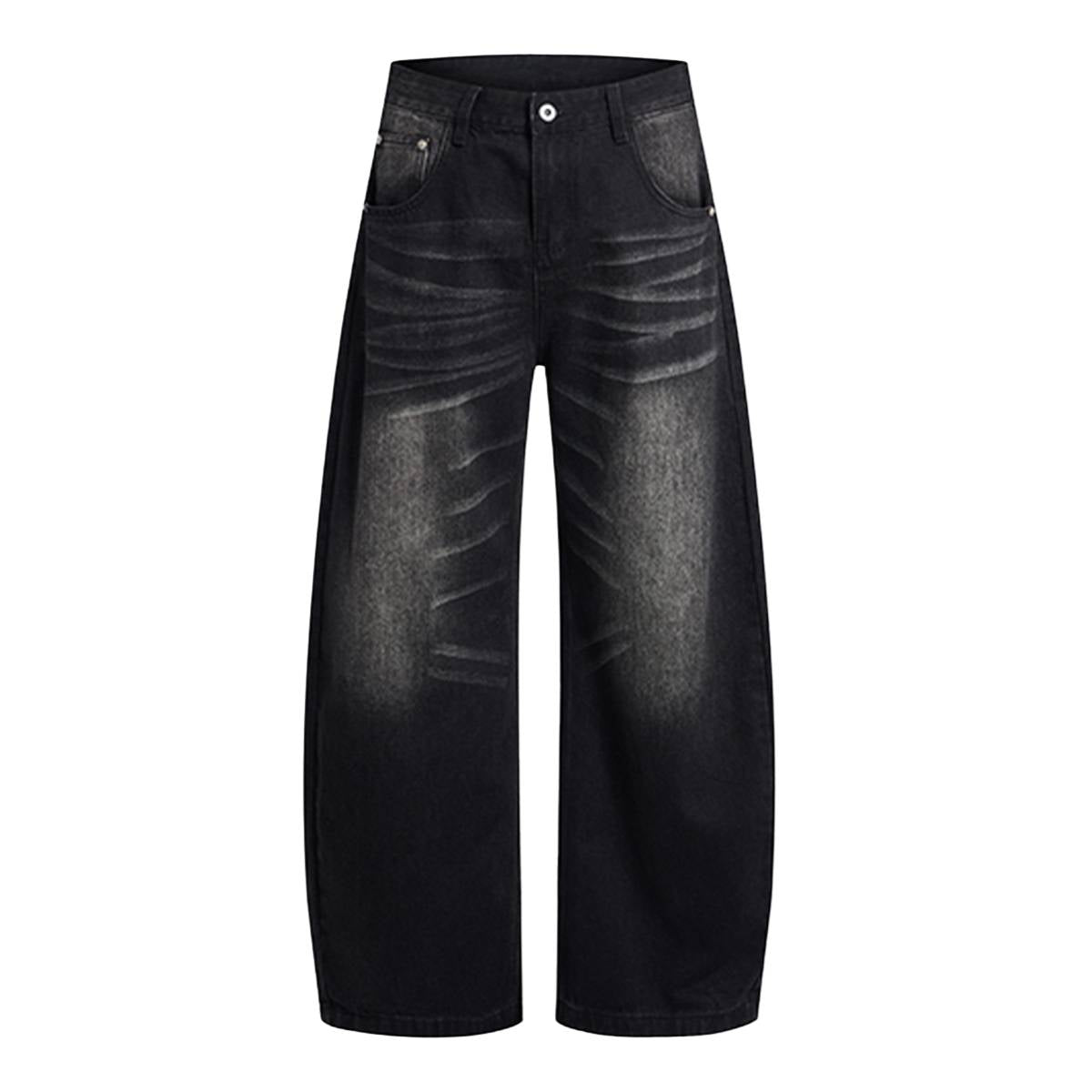 Vintage Whiskered Gradient Washed High Waist Barrel Wide Leg Denim Jeans
