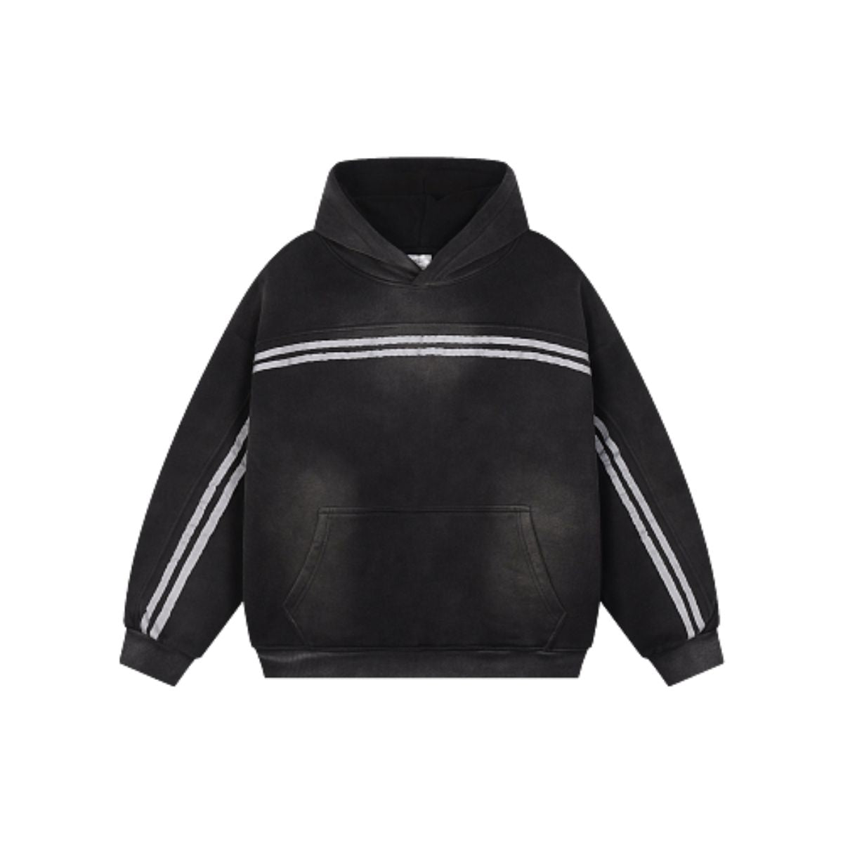 Snow Wash Broken-Seam Color Contrast Webbing Fleece Hoodie