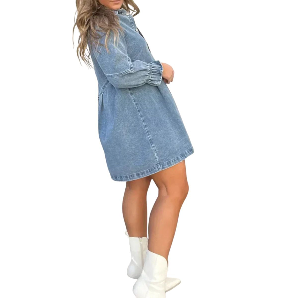 Women's Button Front Long Sleeve Short Denim Dress