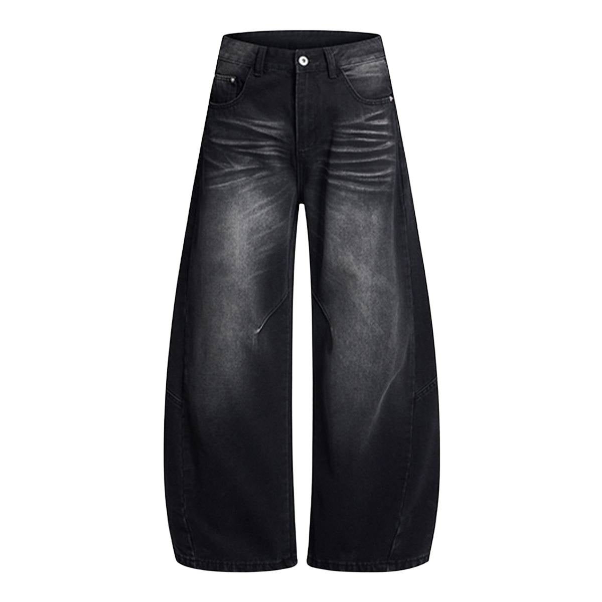 Vintage Washed Curved Loose Wide-Leg Jeans