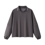 V‑Neck Color‑Contrast Hem Adjustable Drawstring Elastic Polo Sweatshirt
