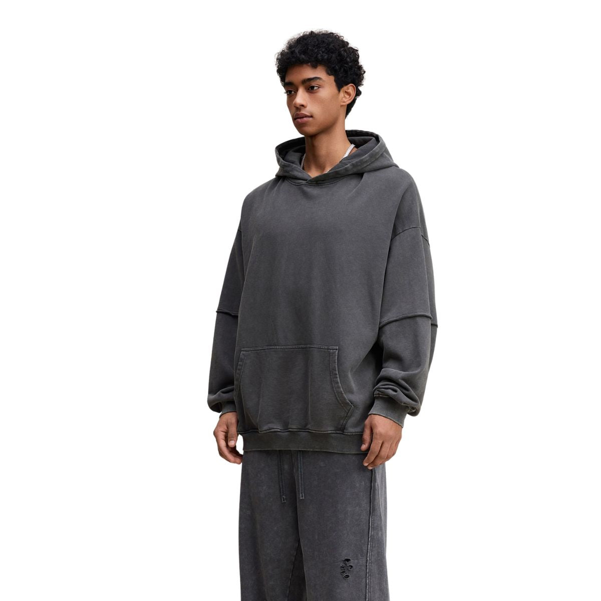 Two-Layer Sleeve Acid Washed Cotton Hoodie