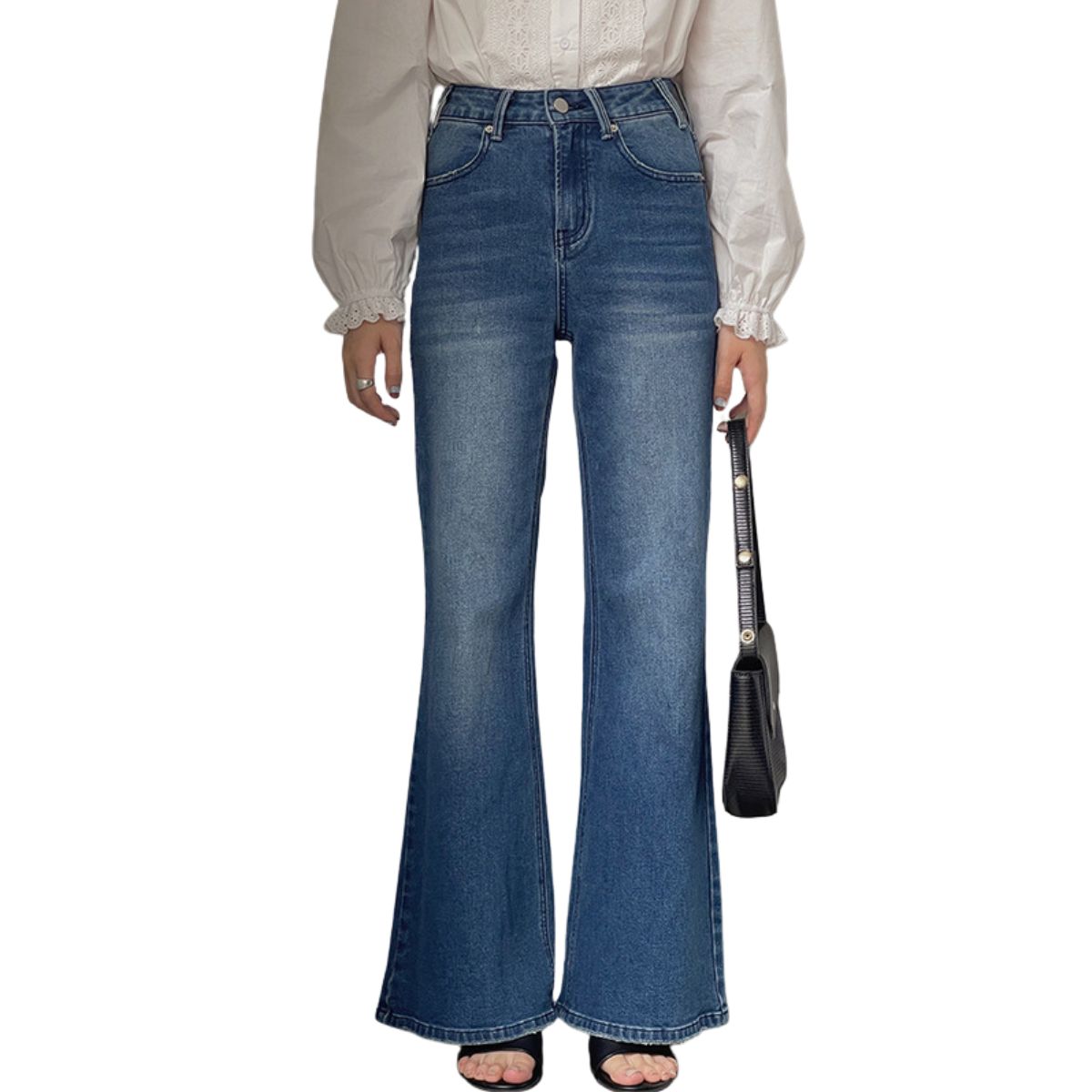 Risen Women's High Rise Washed Flare Jeans