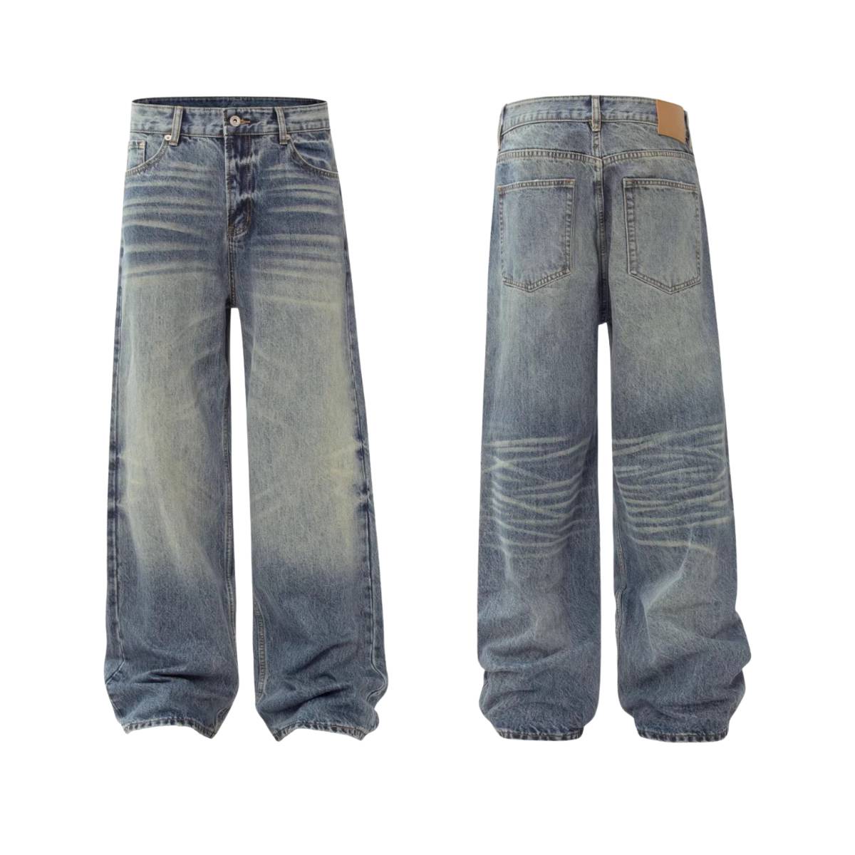 Washed Distressed Wide Leg Straight Denim Jeans