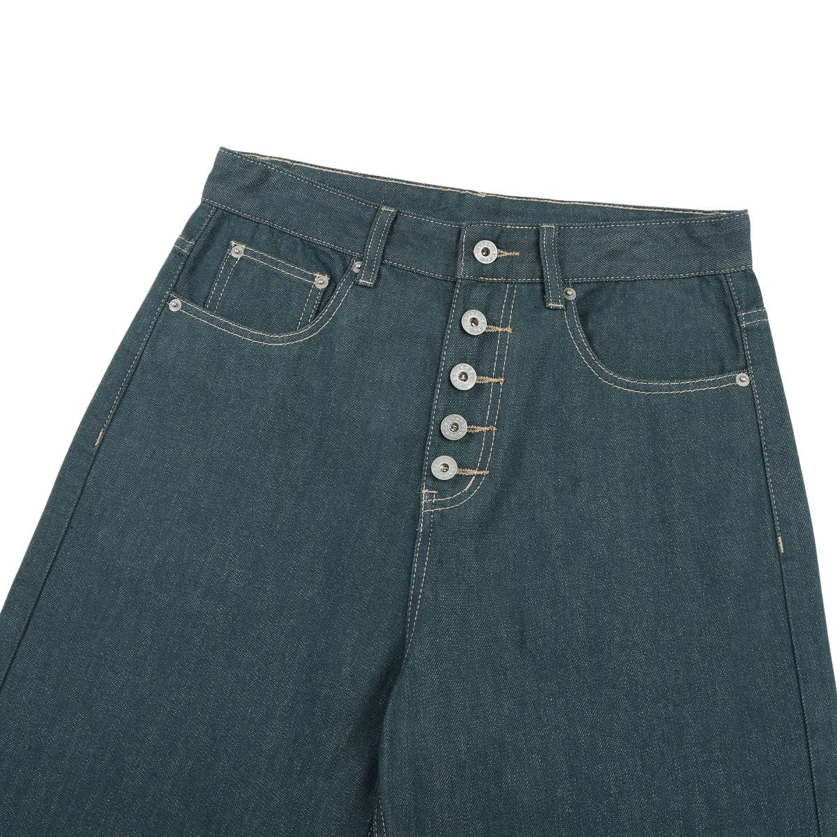 Raw Denim Jeans with Teal Multi‑Button Fly Design