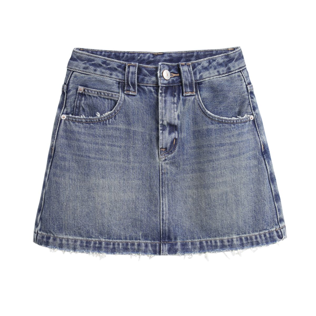 Falda vaquera con bordado de perlas y lavado vintage