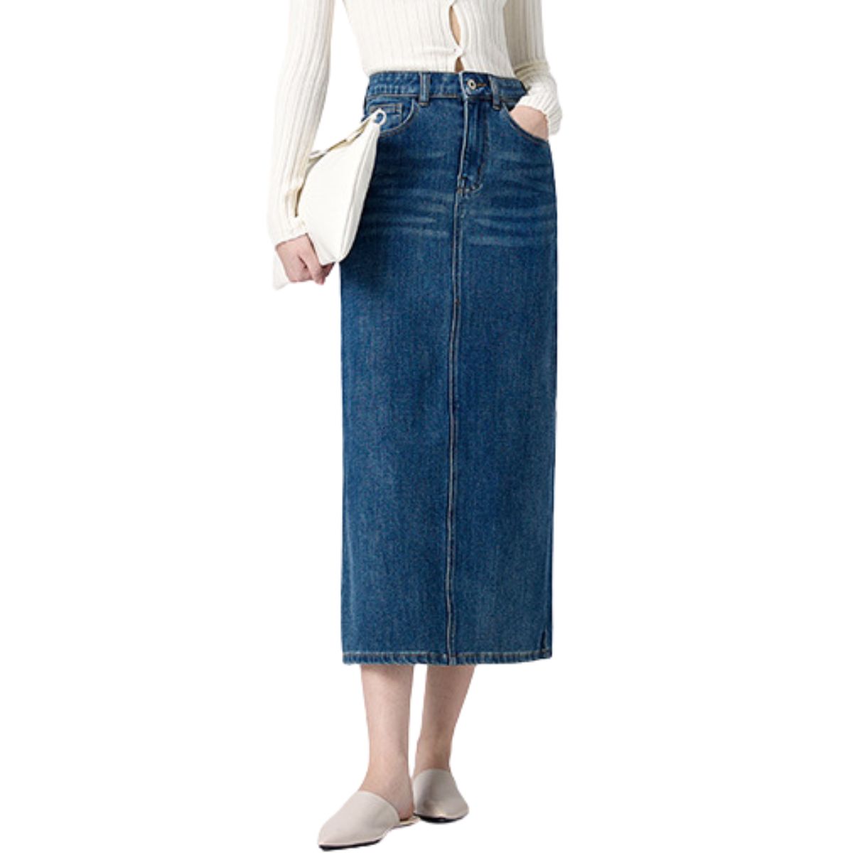 High-Rise Straight Denim Midi Skirt