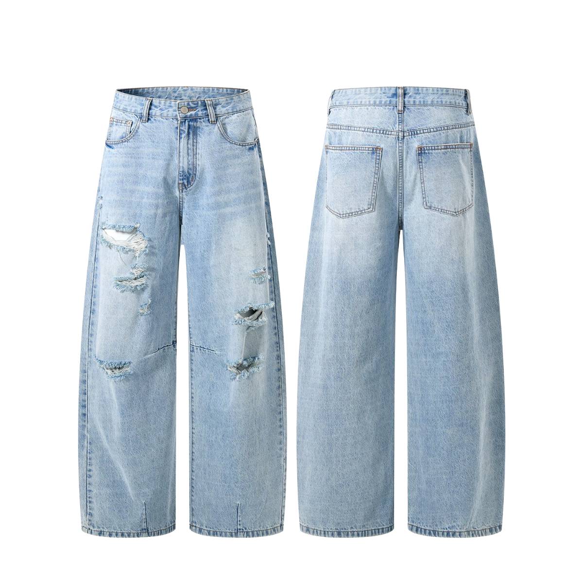 Vintage Washed Ripped Wide Leg Straight Denim Jeans