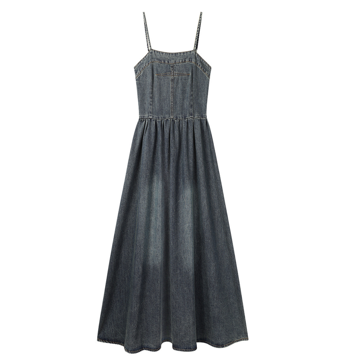 A-Line Denim Spaghetti-Strap Midi Dress