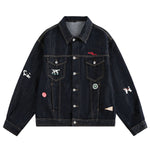 Unisex Loose Lazy Style Retro Cute Animal Embroidered Lapel Washed Denim Jacket