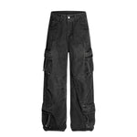 Men's Distressed Washed Denim Cargo Pants Wide Leg Unique Structured