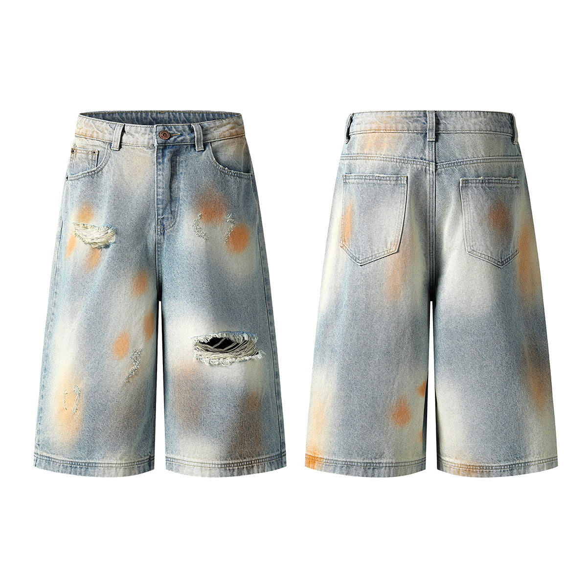 Rust-Dyed Ripped Bermuda Shorts