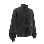 Vintage Zip-Up Ribbed Stand Collar Sweatshirt