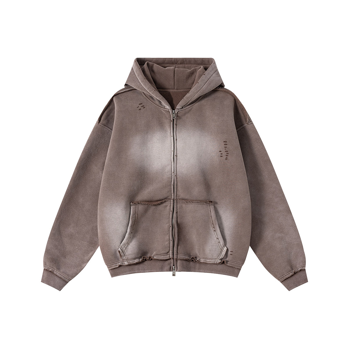 Front-Zip Raw Edge Ripped Hoodie