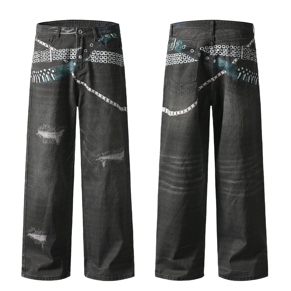Vintage Washed Black Wide-Leg Printed Jeans