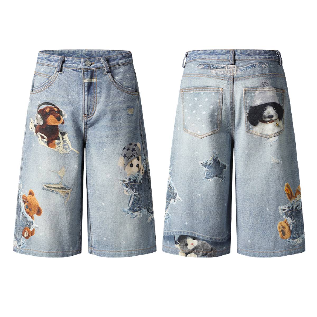Washed Vintage Star Print Dog Distressed Relaxed Wide-Leg Bermuda Shorts