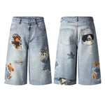 Washed Vintage Star Print Dog Distressed Relaxed Wide-Leg Bermuda Shorts