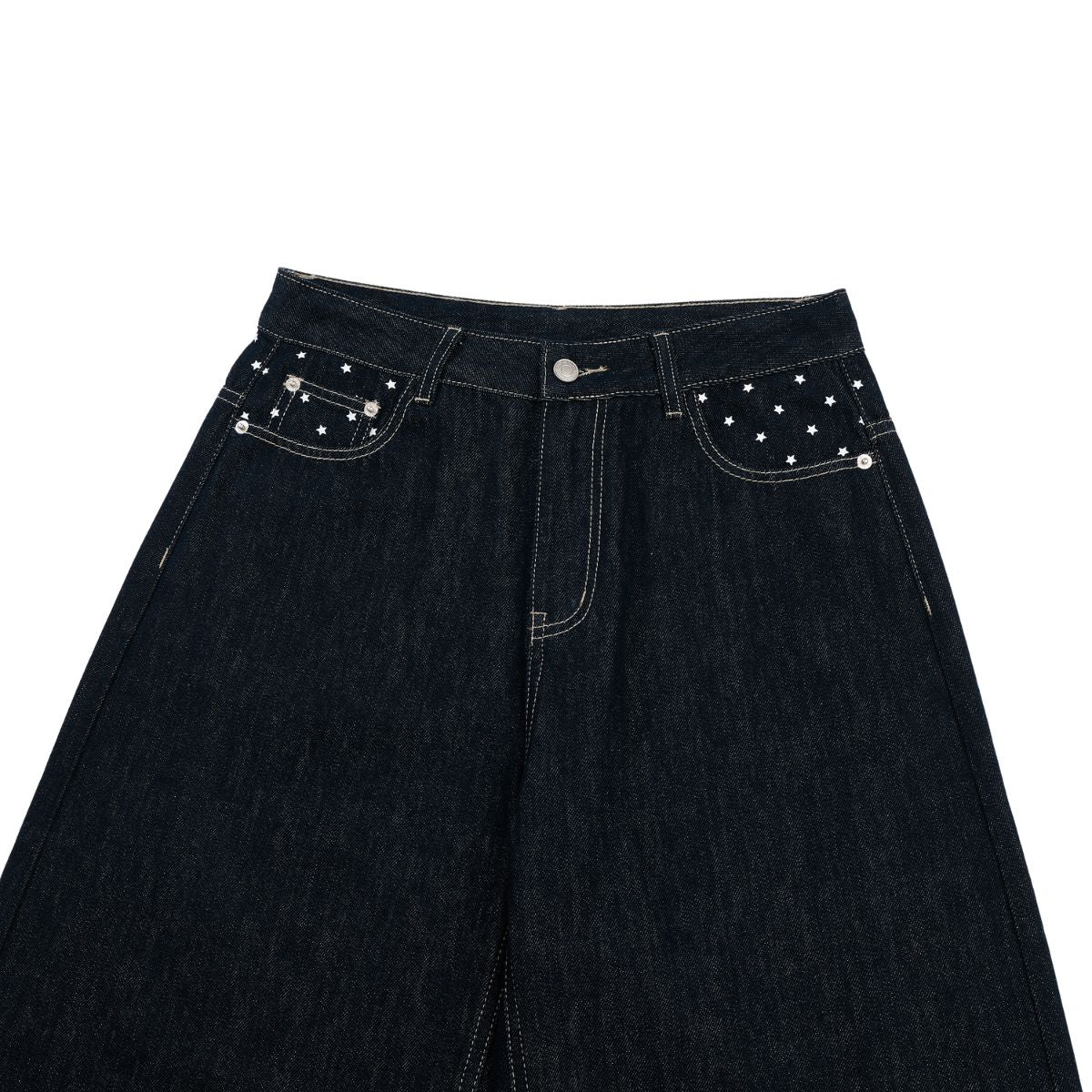 Star‑Print Curved Blade Raw Denim Jeans