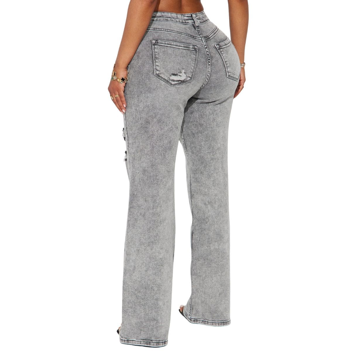 Women's Ripped Washed High Rise Stretch Straight Wide Leg Jeans