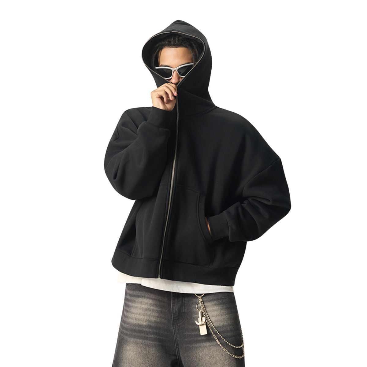 Full Zip-Up Boxy Fit Fleece Hoodie