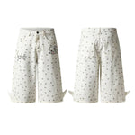 Washed Star Print Wing Detail Relaxed Wide-Leg Cropped Denim Pants