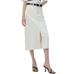 White High-Rise Denim Midi Skirt